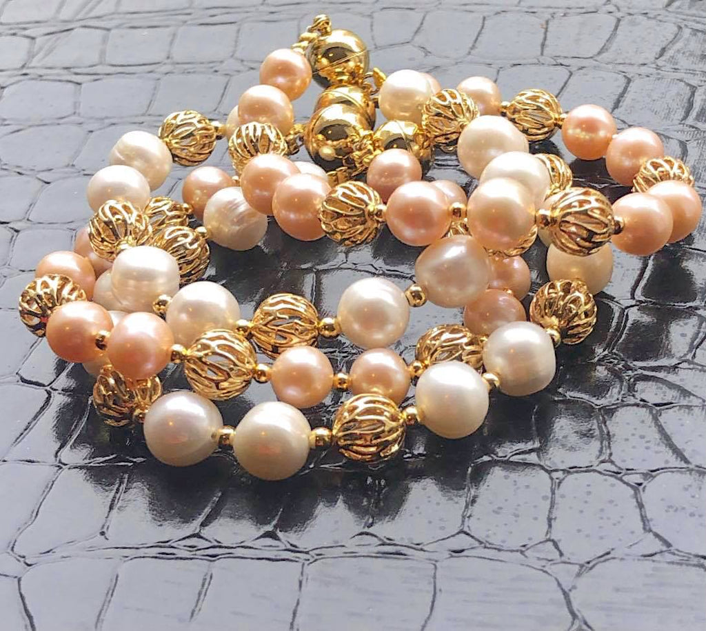 PINK PEARL BRACELET WITH GOLD FILIGREE BALL