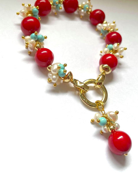 CORAL, PEARL AND TURQUOISE BRACELET – Maarz Pearls