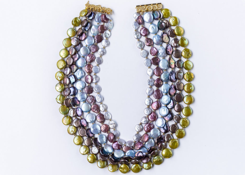 SIX TIER CHUNKY MULTI COIN PEARL NECKLACE-GREEN BASE