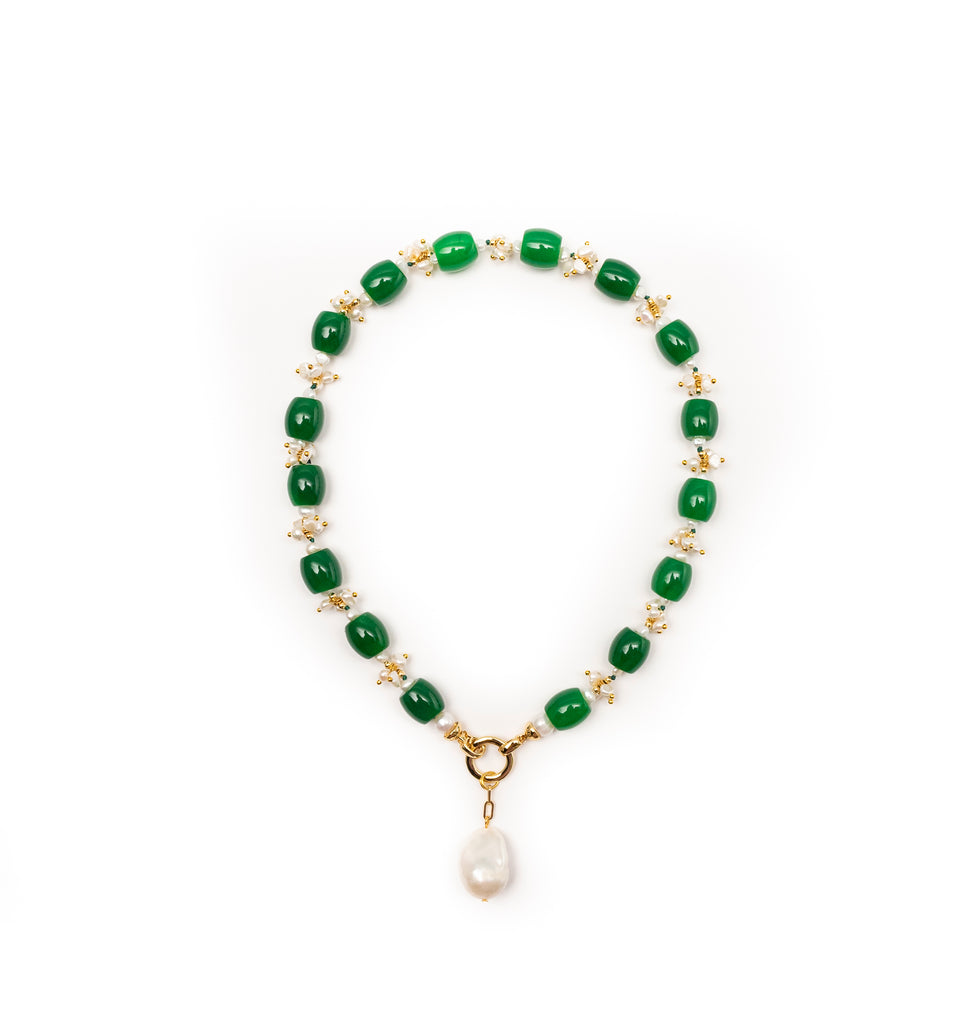 JADE WITH GRAPE PEARL AND BAROQUE DROP