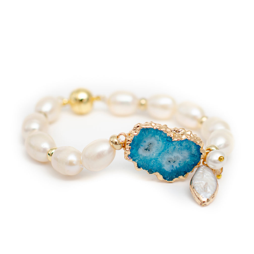 BLUE AGATE WITH PEARL BRACELET