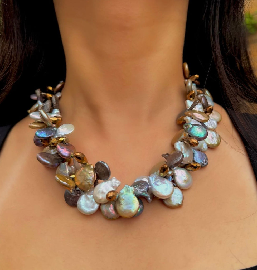 TWO TIER COIN PEARL NECKLACE-DEEP SHADES