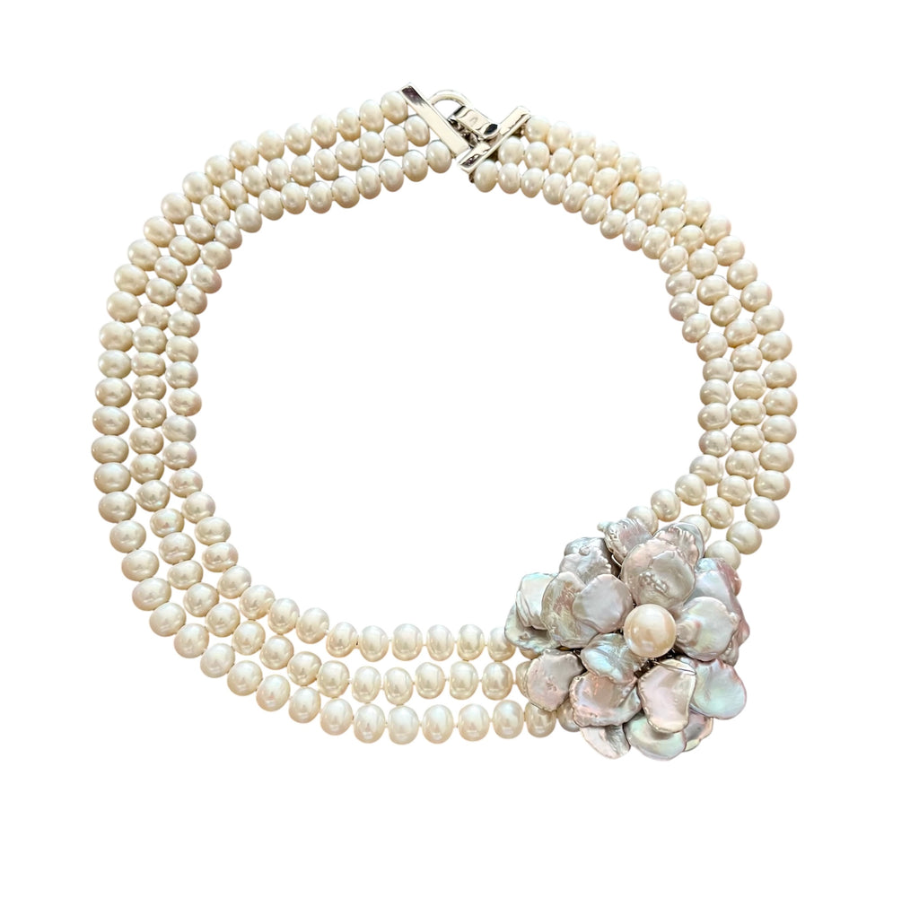 WHITE PEARL NECKLACE WITH BLUE/GREY FLORAL NECKLACE