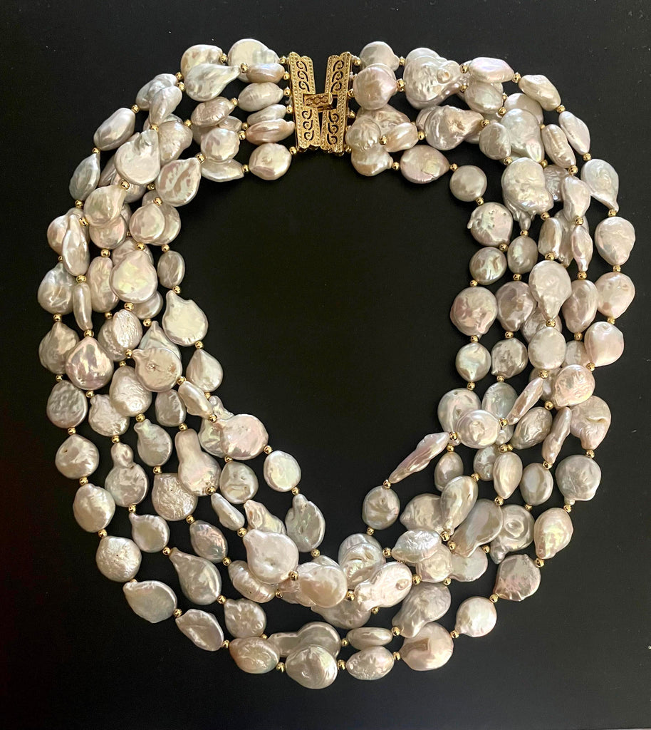 SIX TIER WHITE COIN PEARL NECKLACE