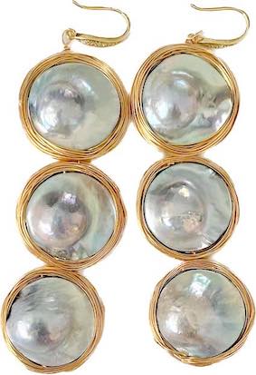 THREE TIER MABE PEARL EARRINGS IN GOLD