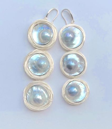 THREE TIER MABE PEARL EARRINGS IN SILVER