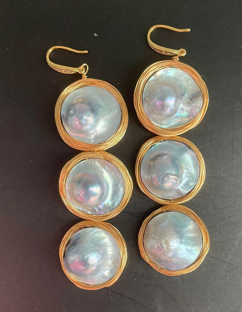 THREE TIER MABE PEARL EARRINGS IN GOLD