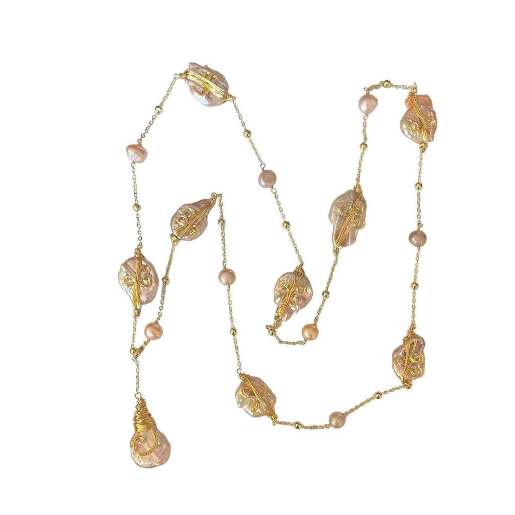 PEARL CHAIN DROP NECKLACE-PINK
