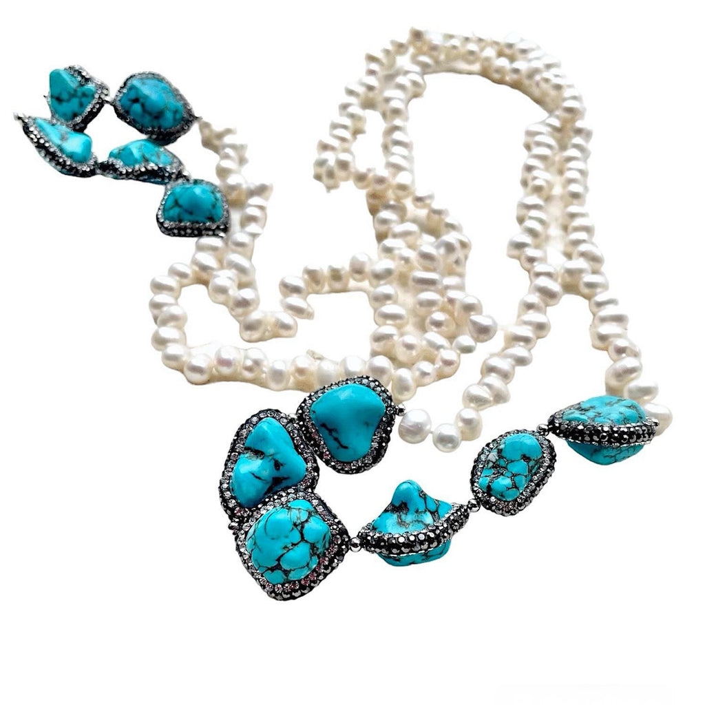 TURQUOISE AND PEARL SCARF NECKLACE