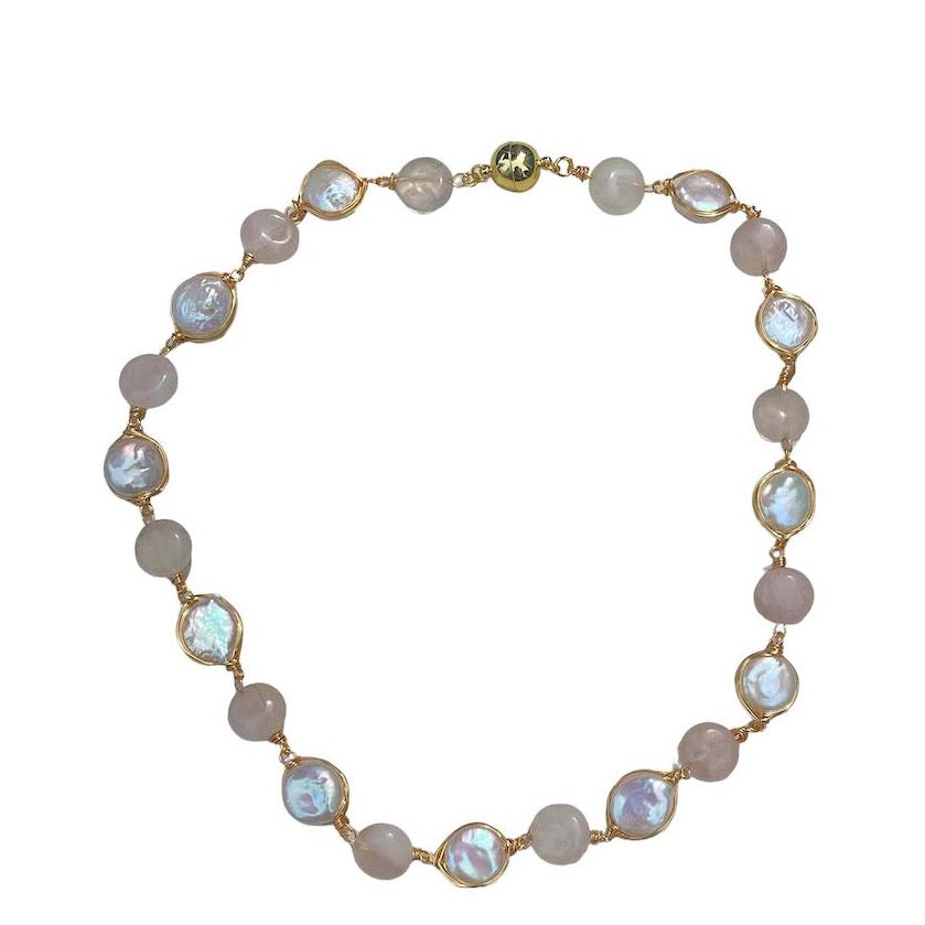 ZEVAR NECKLACE WITH PEARL AND PINK QUARTZ