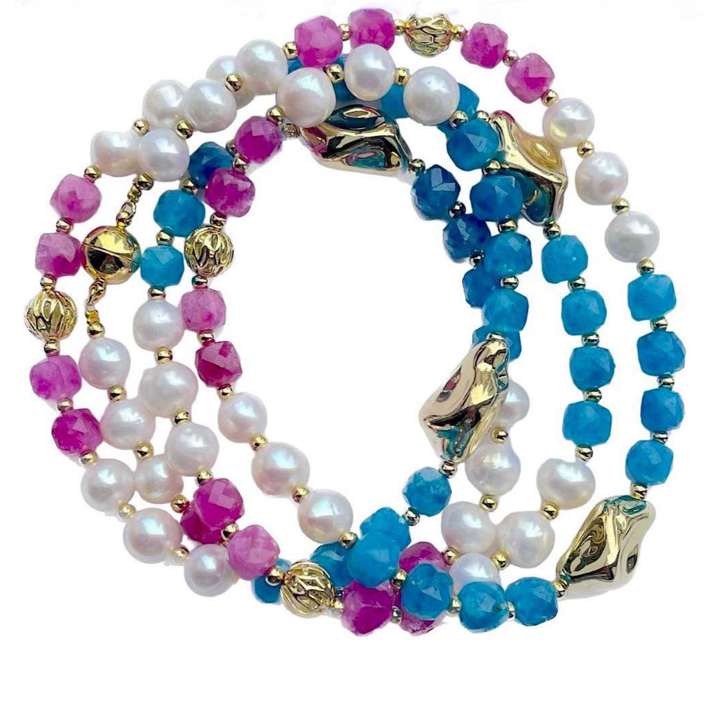 PINK AND BLUE AGATE AND PEARL NECKLACE