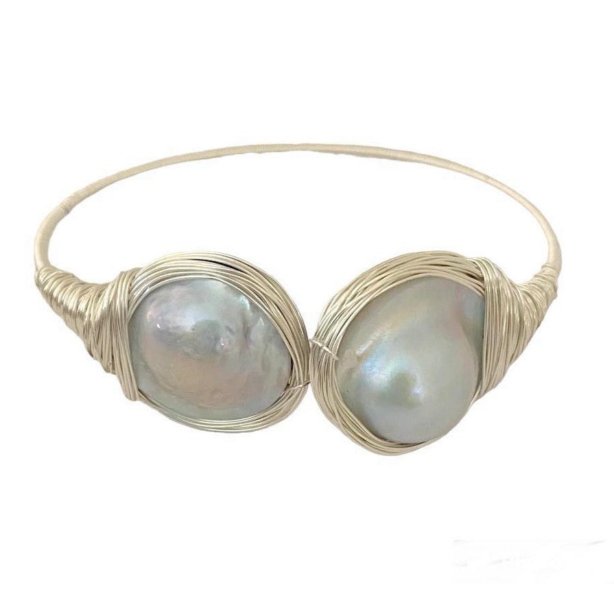 BLUE MABE PEARL BANGLE IN SILVER