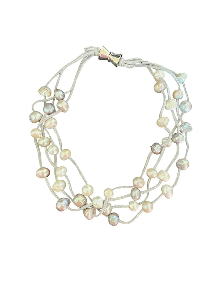 GREY SUEDE WITH MULTI PEARL NECKLACE