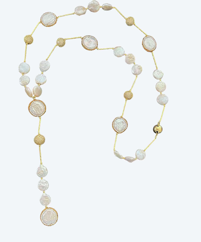 COIN PEARL WITH GOLD WIRE Y SHAPE NECKLACE