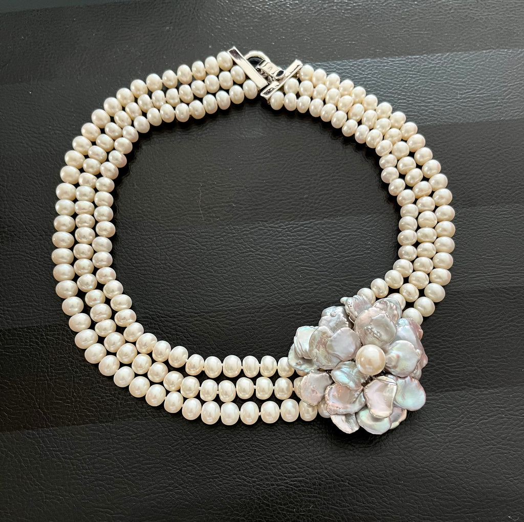 WHITE PEARL NECKLACE WITH BLUE/GREY FLORAL NECKLACE