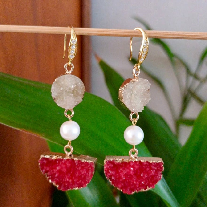 RUBY RED AND PINL DRUZY EARRINGS