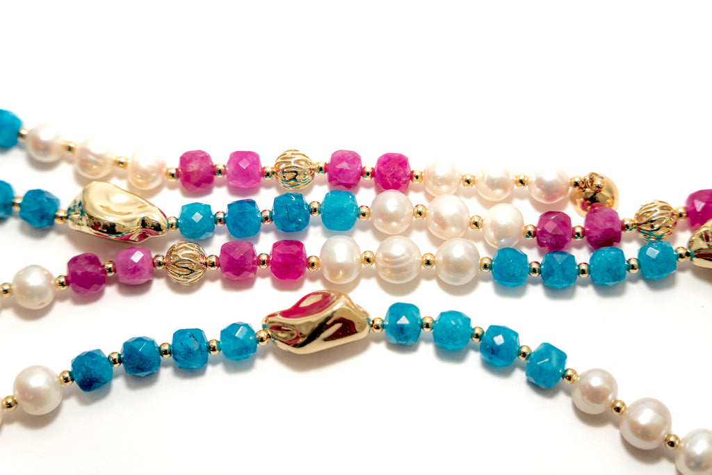 PINK AND BLUE AGATE AND PEARL NECKLACE