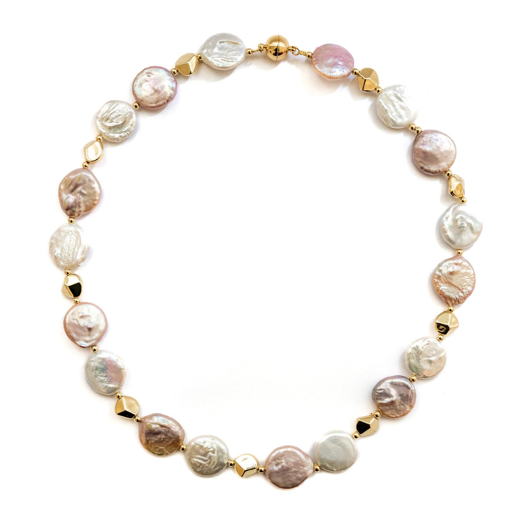 WHITE AND PINK COIN PEARL KNOTTED NECKLACE