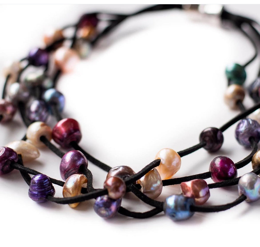 BLACK SUEDE WITH DARK MULTI PEARL NECKLACE