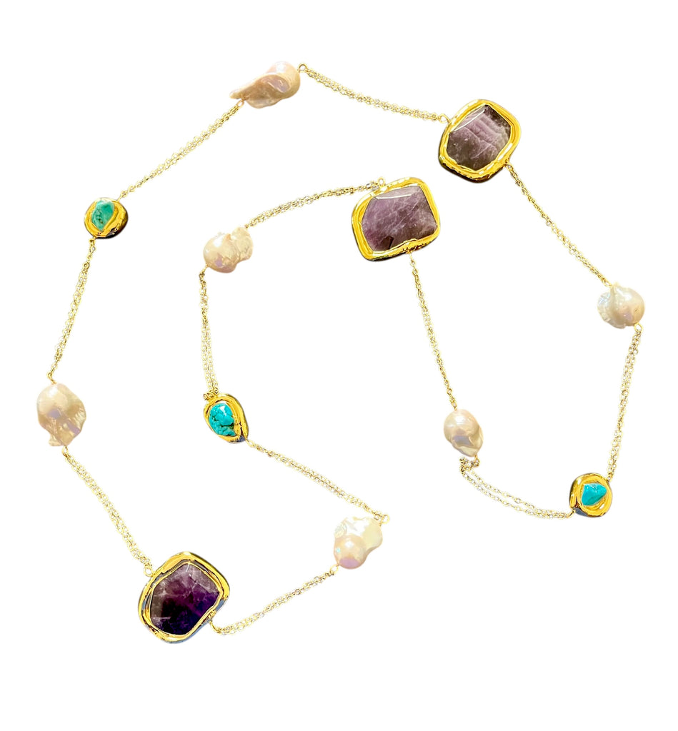 AMETHYST, TURQUOISE AND PEARL CHAIN NECKLACE