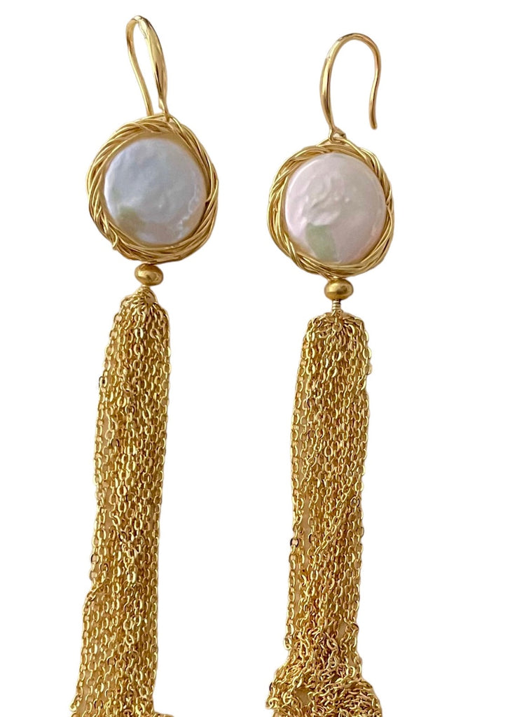 COIN PEARL WITH GOLD CHAIN EARRINGS