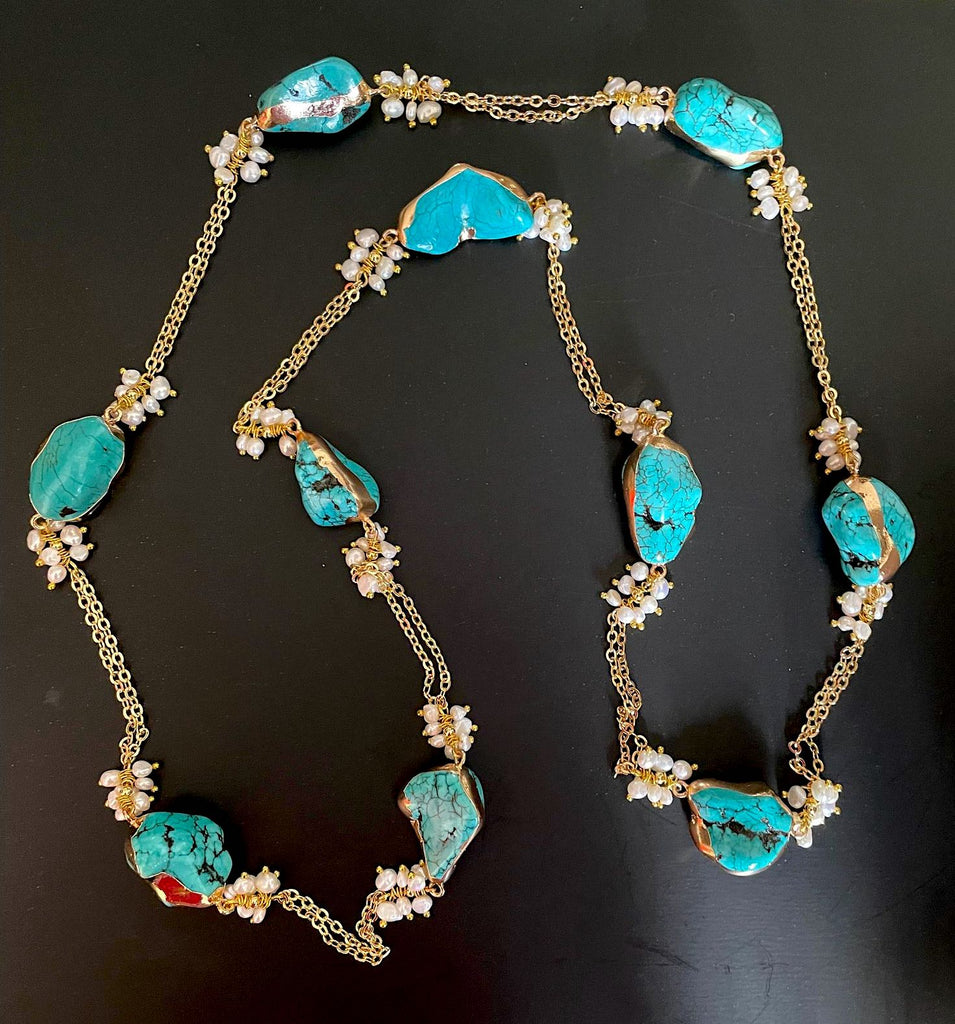 TURQUOISE AND PEARL IN DUAL CHAIN(GOLD)
