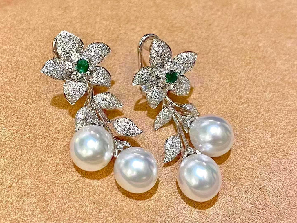 FLORAL ZIRCONIA AND JADE PEARL EARRING