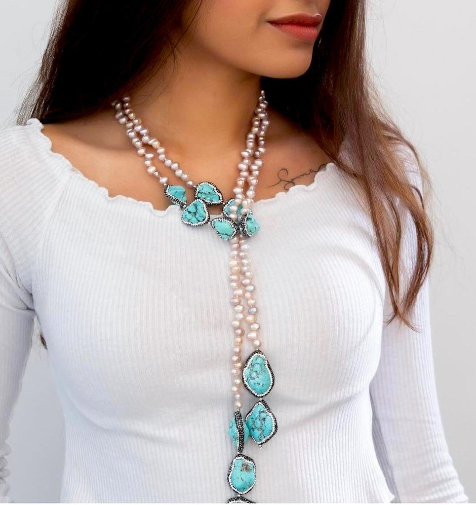 TURQUOISE AND PINK PEARL SCARF NECKLACE