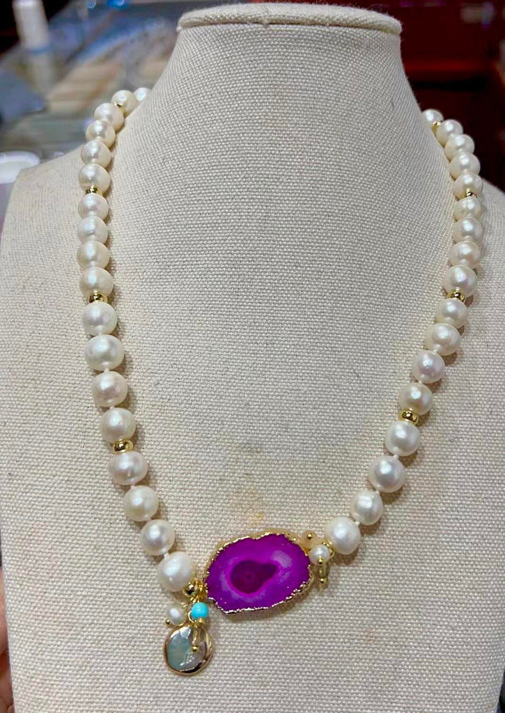 PINK AGATE AND PEARL NECKLACE