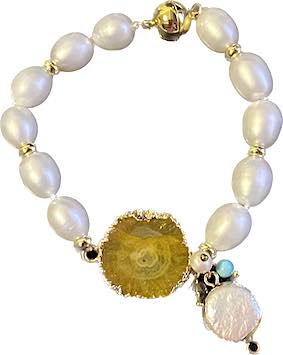 YELLOW AGATE WITH PEARL BRACELET