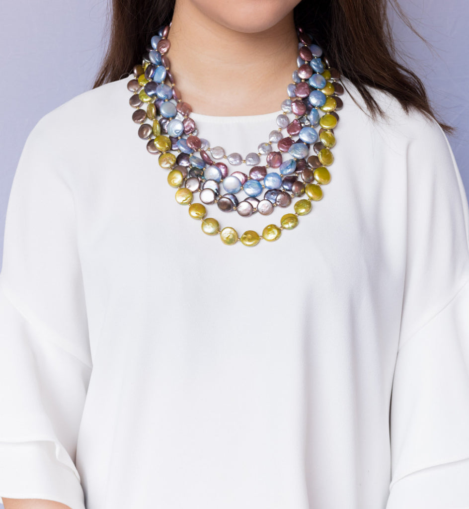 SIX TIER CHUNKY MULTI COIN PEARL NECKLACE-GREEN BASE