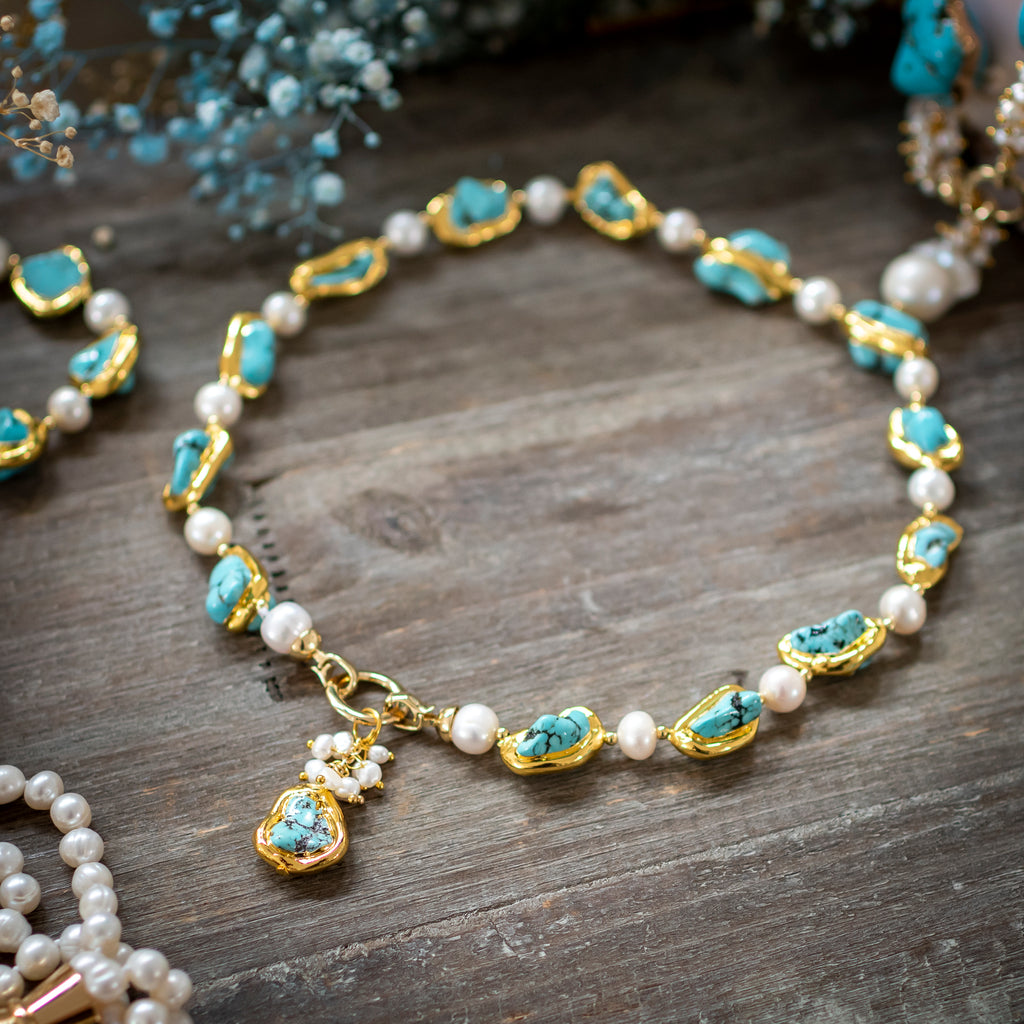 TURQUOISE AND PEARL DROP NECKLACE