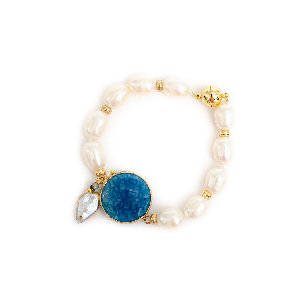 SMOOTH BLUE AGATE AND PEARL BRACELET