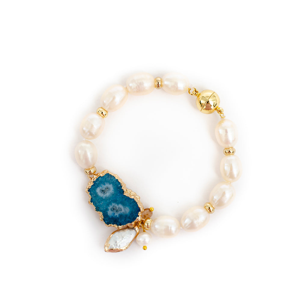 BLUE AGATE WITH PEARL BRACELET