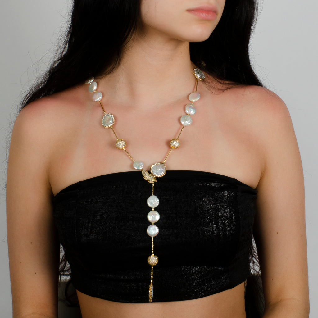 COIN PEARL WITH GOLD WIRE SCARF NECKLACE