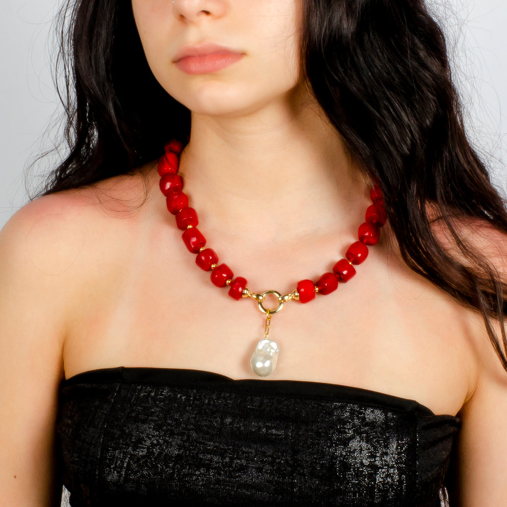 CORAL WITH BAROQUE DROP NECKLACE( CHUNKY VERSION)