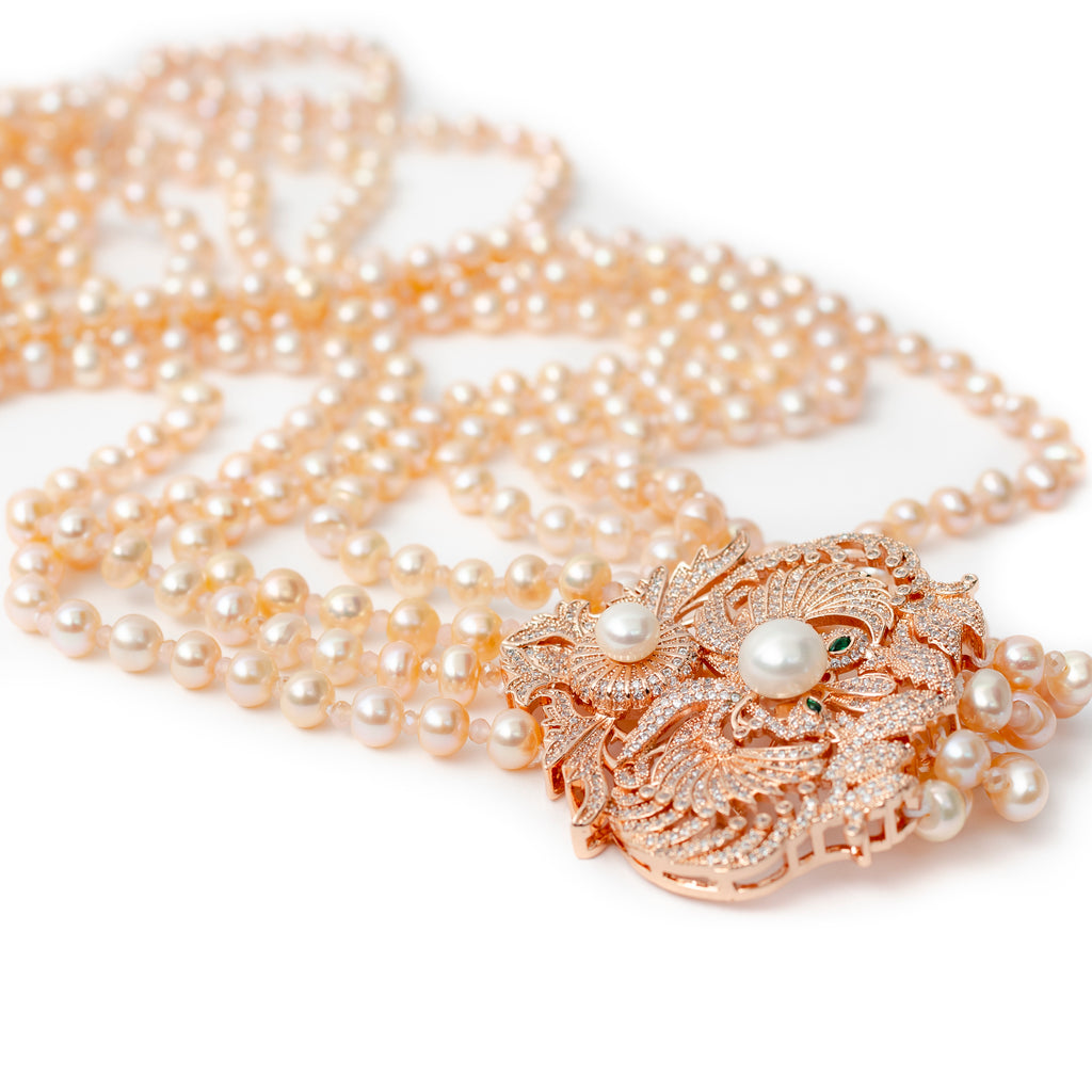 FOUR TIER PEACH PEARL NECKLACE WITH BROOCH