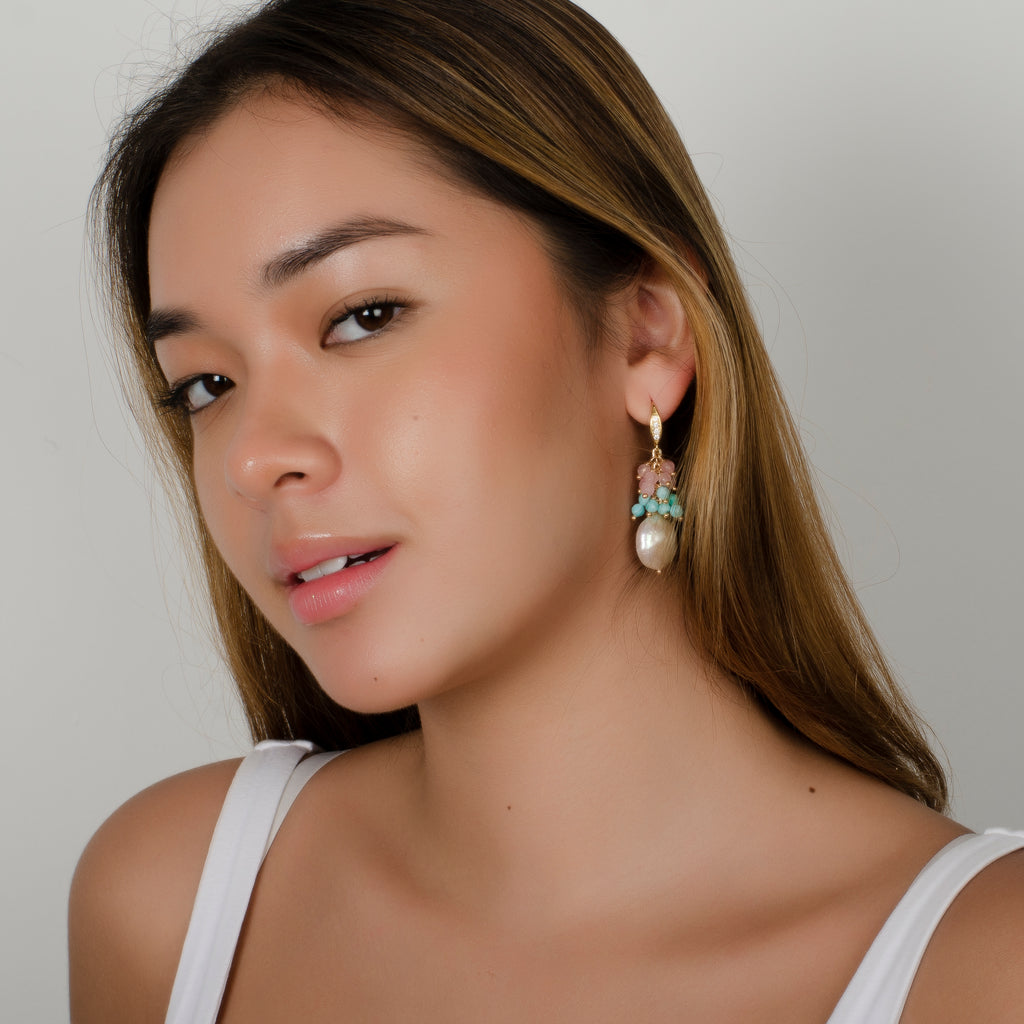 TOURMALINE AND WHITE COIN PEARL EARRINGS