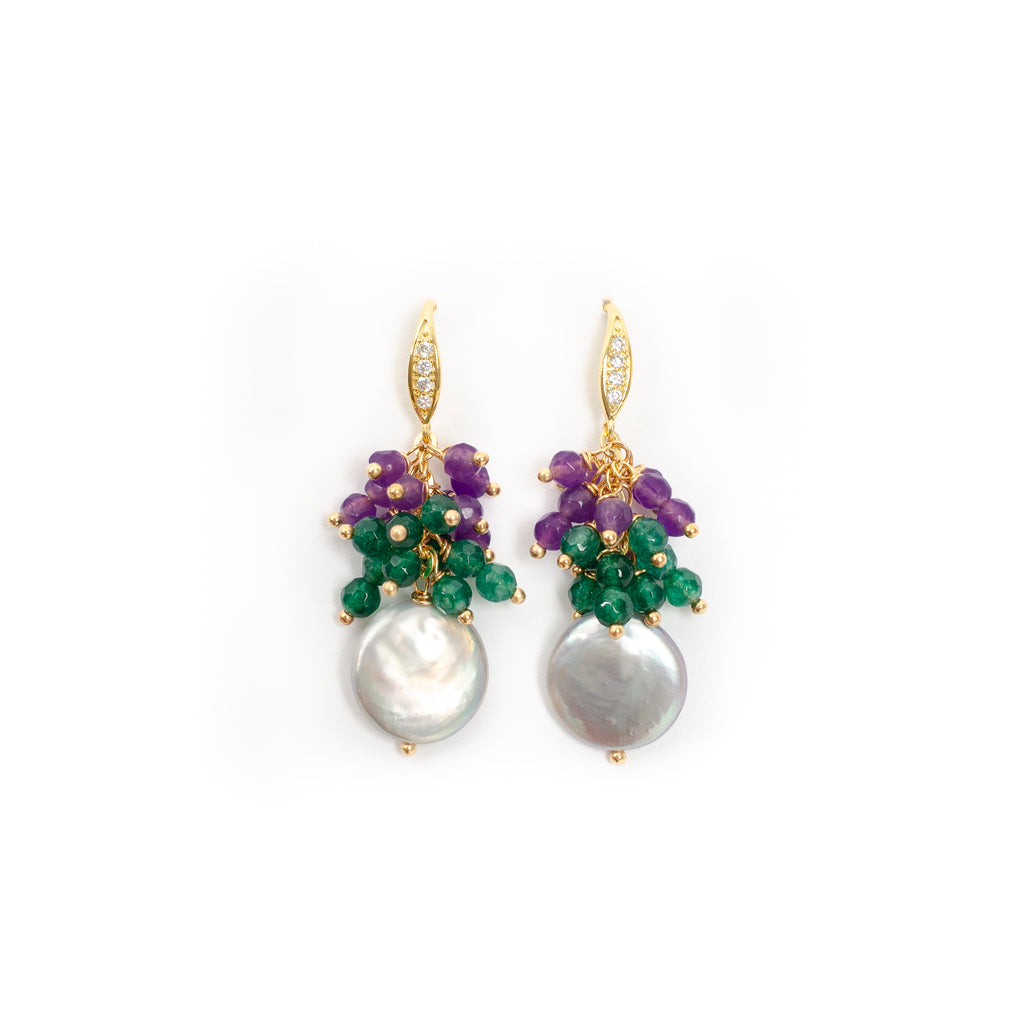 TOURMALINE AND GREY COIN PEARL EARRING