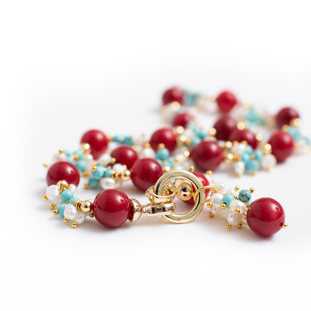 CORAL, PEARL AND TURQUOISE BRACELET