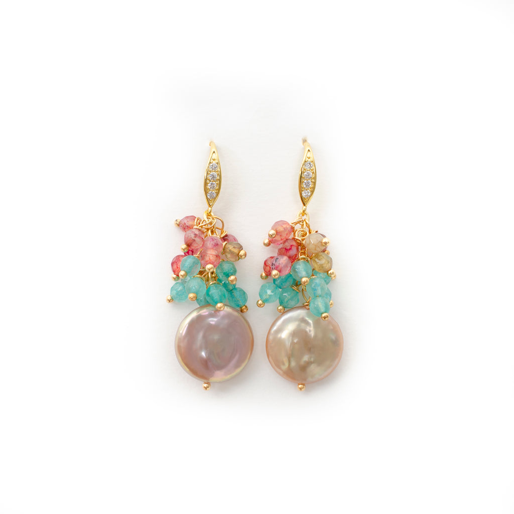 MULTI COLOR TOURMALINE AND COIN PEARL EARRING