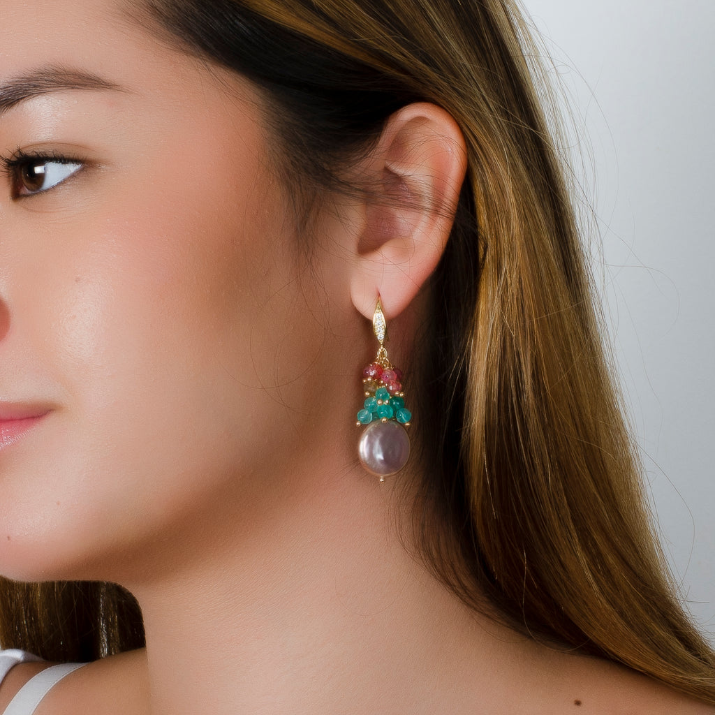 MULTI COLOR TOURMALINE AND COIN PEARL EARRING