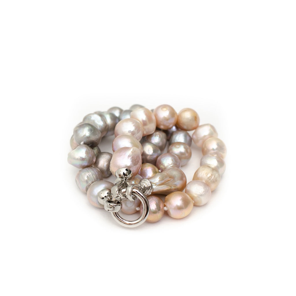 PINK AND SILVER PEARL NECKLACE WITH BAROQUE DROP