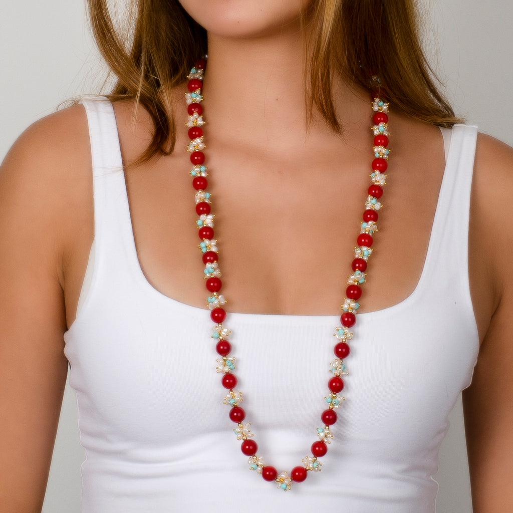 RED CORAL WITH TURQUOISE AND PEARL