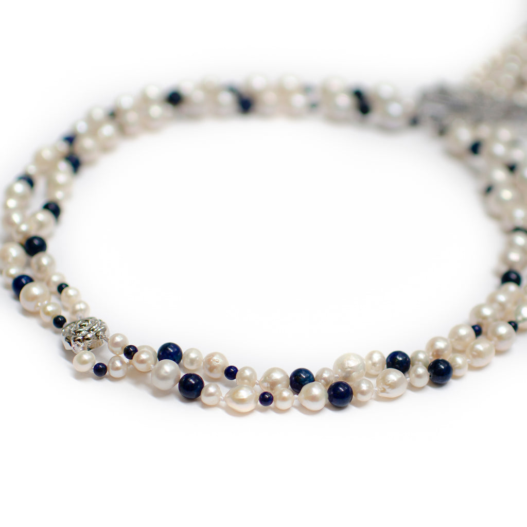 WHITE PEARL AND LAPIS NECKLACE