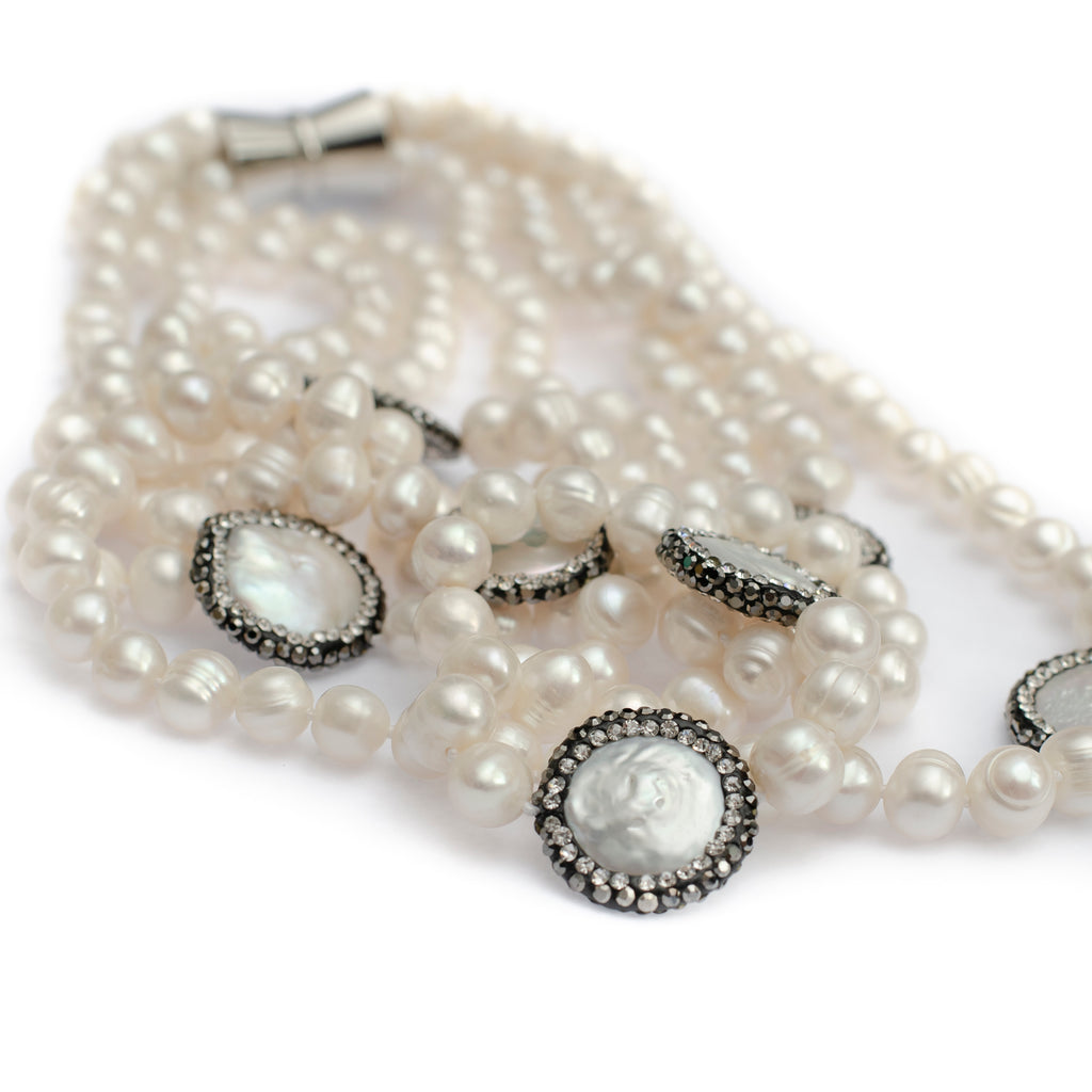 THREE TIER WHITE FRESH WATER PEARL NECKLACE WITH COIN PEARL