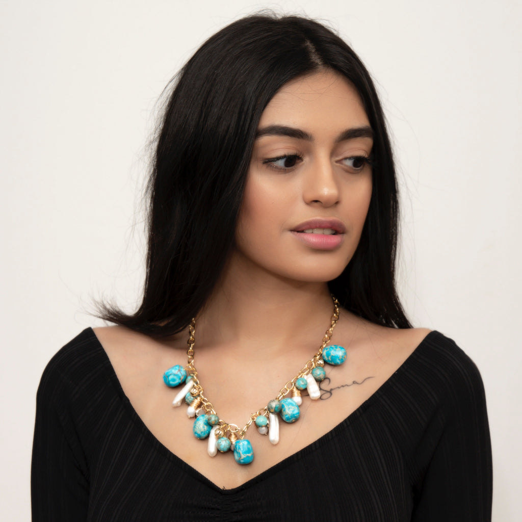 TURQUOISE AND PEARL LOOP NECKLACE
