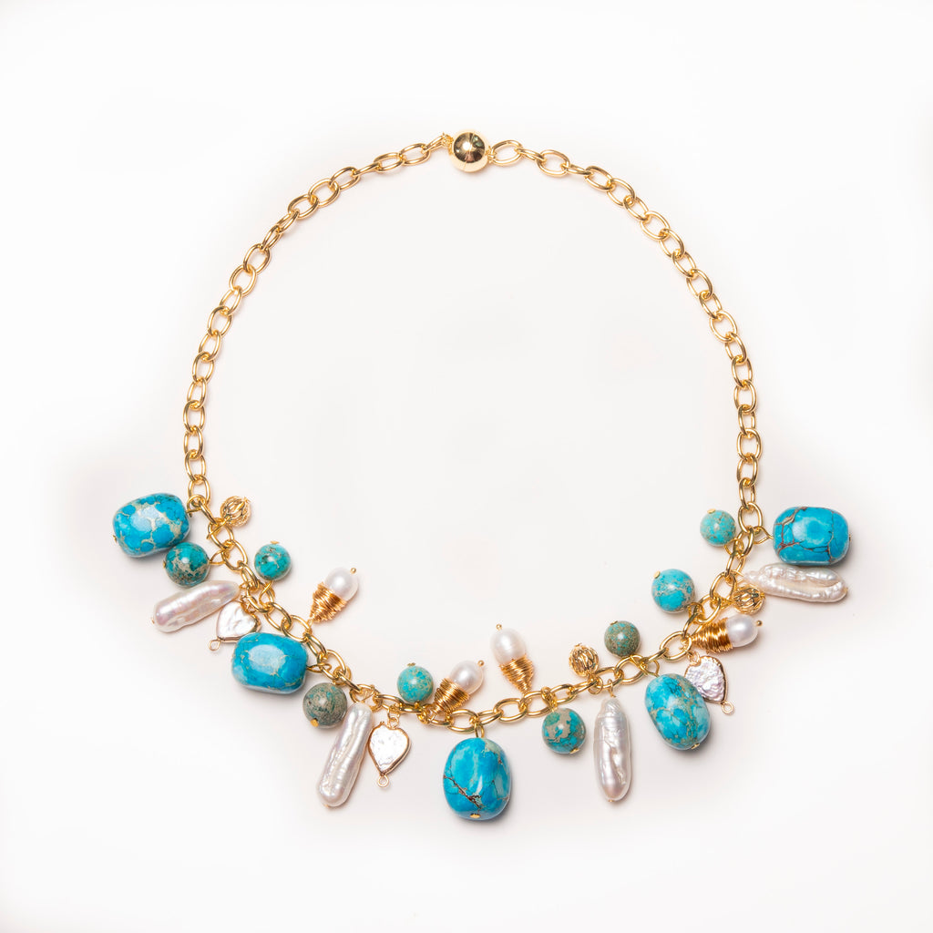 TURQUOISE AND PEARL LOOP NECKLACE