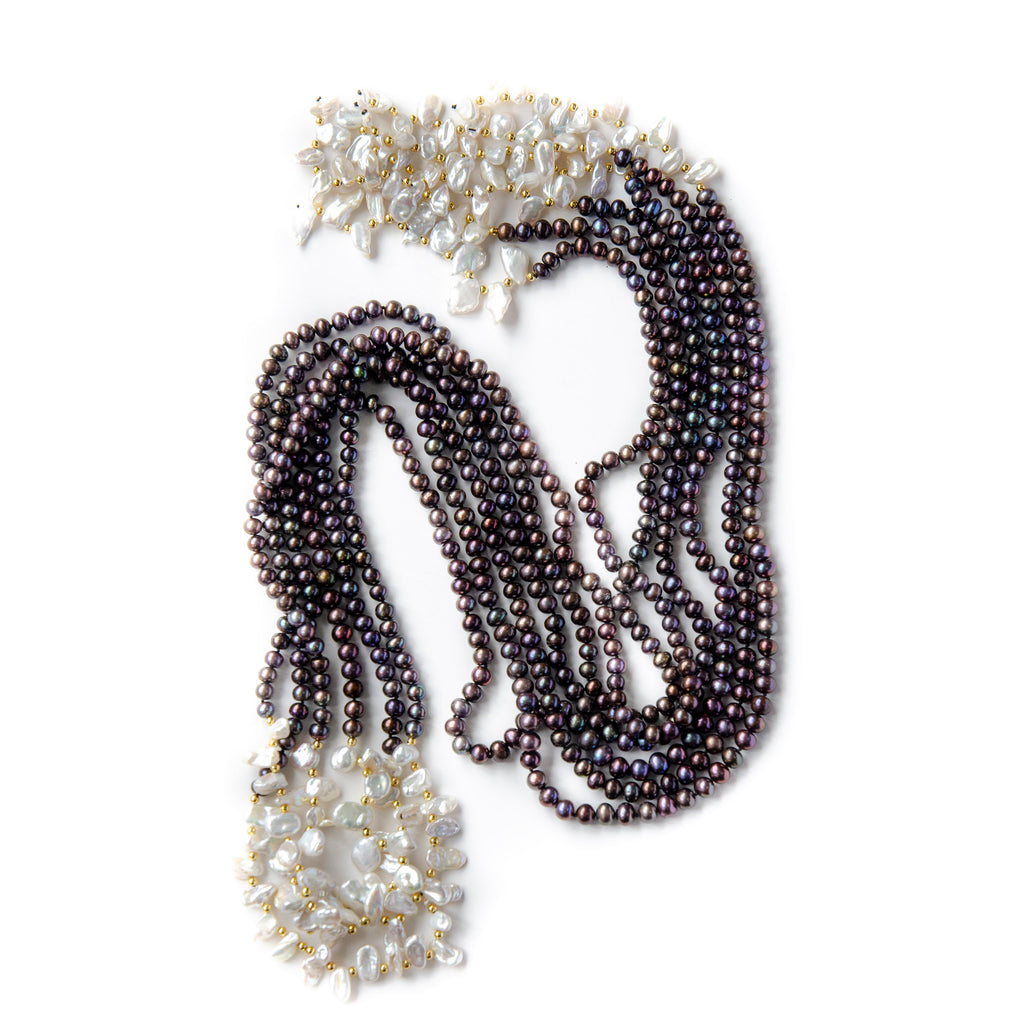 3 STRAND BLACK AND WHITE PEARL KNOT NECKLACE
