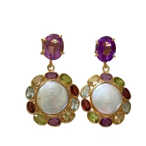 MULTI GEM EARRINGS WITH COIN PEARL
